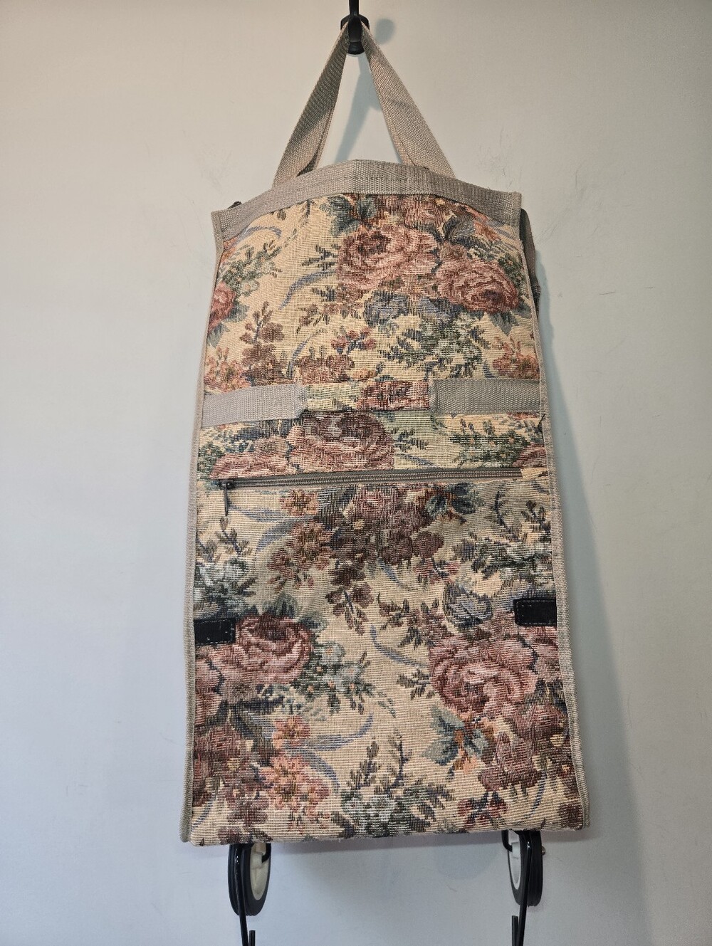 Vintage Tapestry Floral Rolling Cart Collapsible Travel Shopping